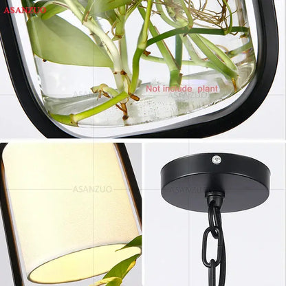 Industrial black iron cage pendant light with plant holder dining room