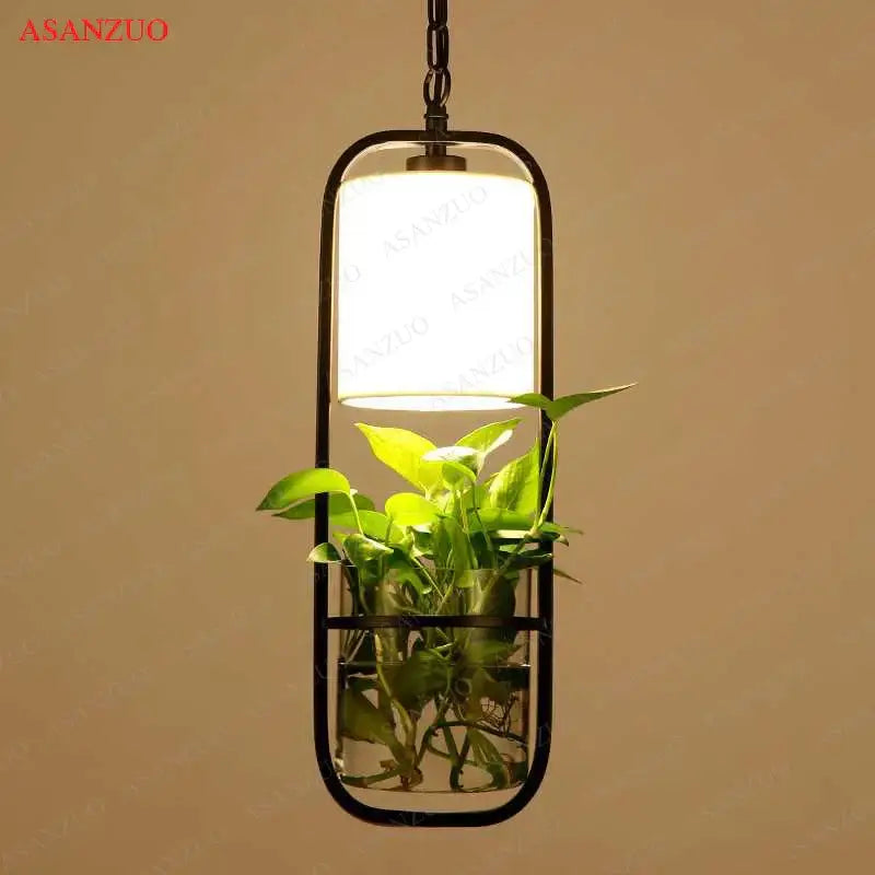 Industrial black iron cage pendant light with plant holder dining room