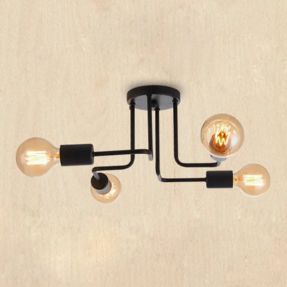 Industrial black iron ceiling light with 4 exposed bulbs for living room