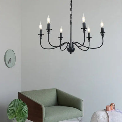 Black wrought iron chandelier with led candle bulbs for dining room