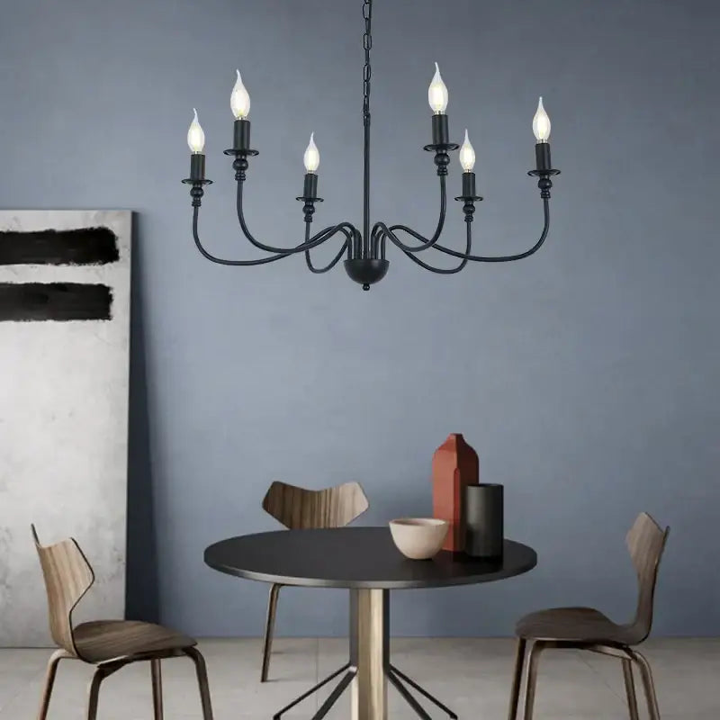 Black wrought iron chandelier with led candle bulbs for dining room