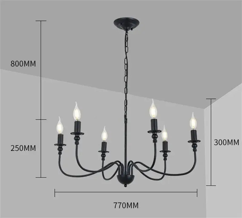 Black wrought iron chandelier with led candle bulbs for dining room