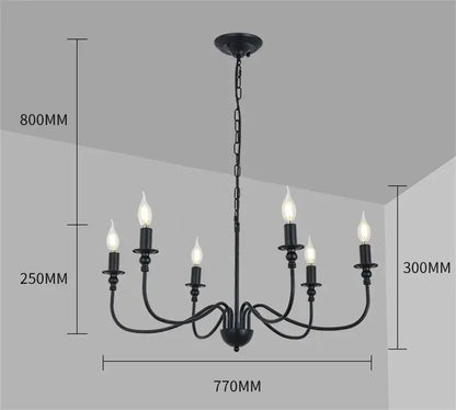 Black wrought iron chandelier with led candle bulbs for dining room