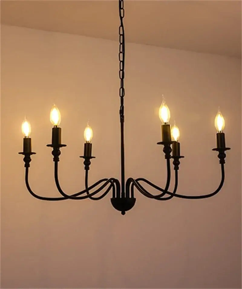 Black wrought iron chandelier with led candle bulbs for dining room