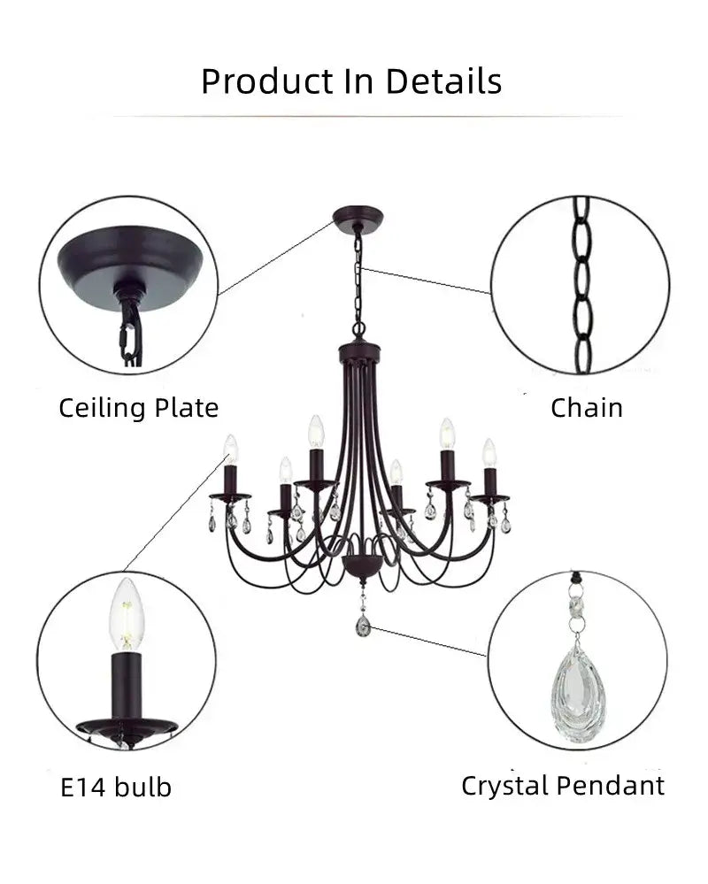 Black iron chandelier with crystal pendant dining room lighting
