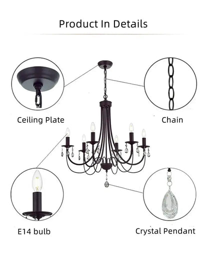 Black iron chandelier with crystal pendant dining room lighting