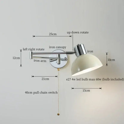 Modern black iron led wall sconce bedroom light with pull chain