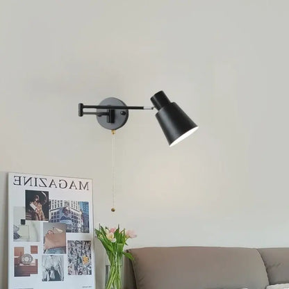Modern black iron led wall sconce bedroom light with pull chain