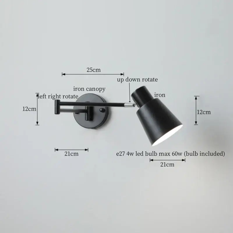 Modern black iron led wall sconce bedroom light with pull chain