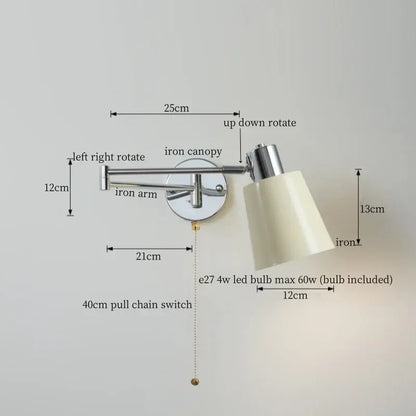 Modern black iron led wall sconce bedroom light with pull chain