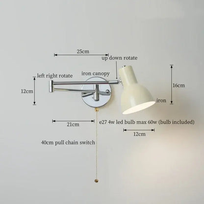 Modern black iron led wall sconce bedroom light with pull chain