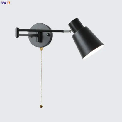 Modern black iron led wall sconce bedroom light with pull chain