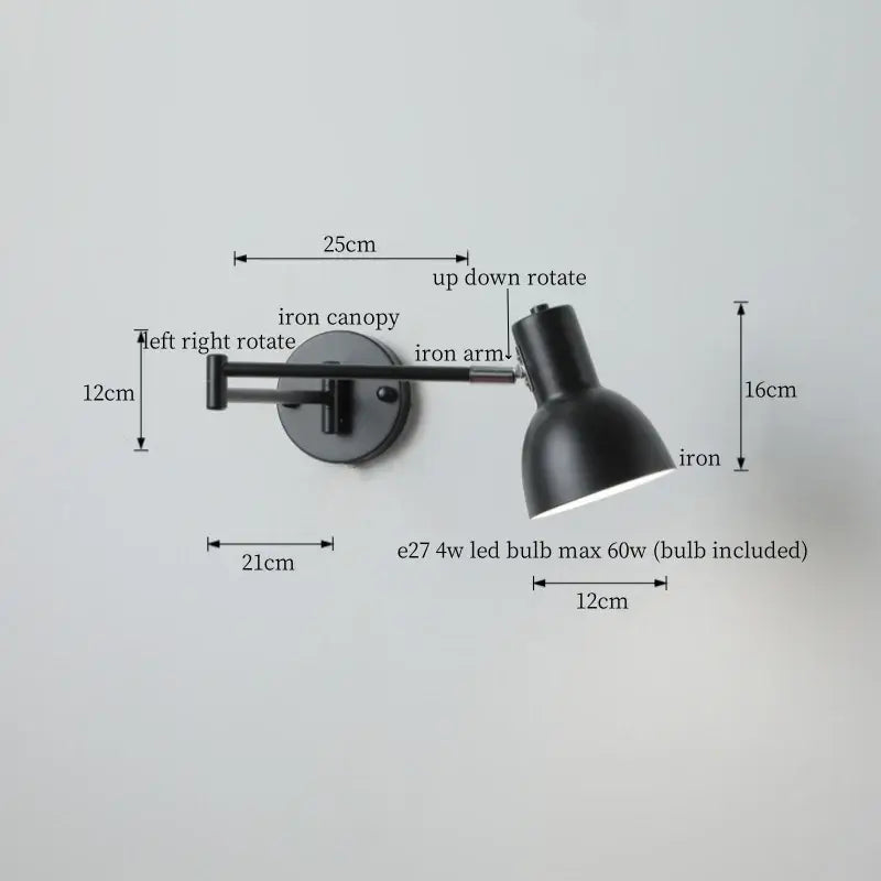 Modern black iron led wall sconce bedroom light with pull chain