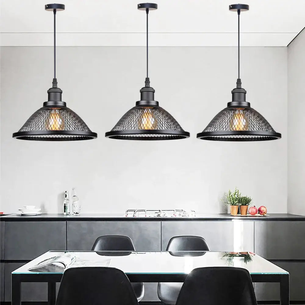 Industrial black and brass mesh pendant light fixture kitchen