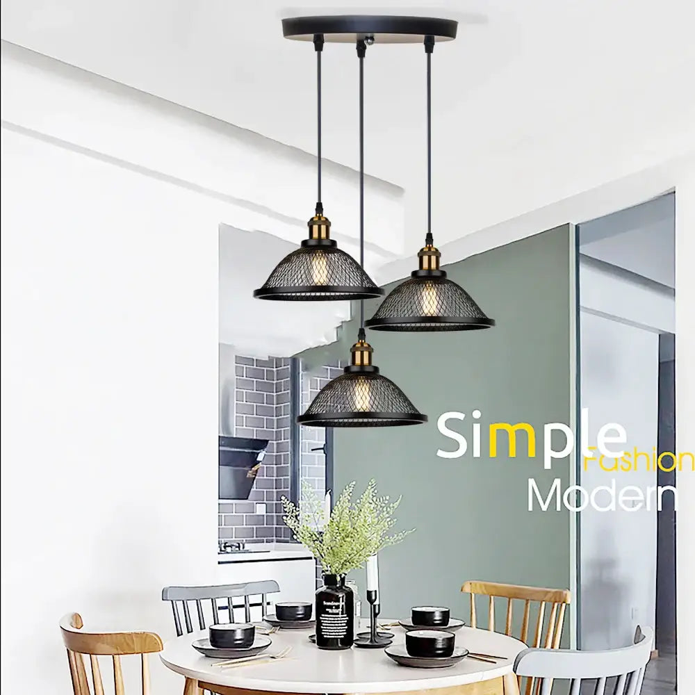 Industrial black and brass mesh pendant light fixture kitchen