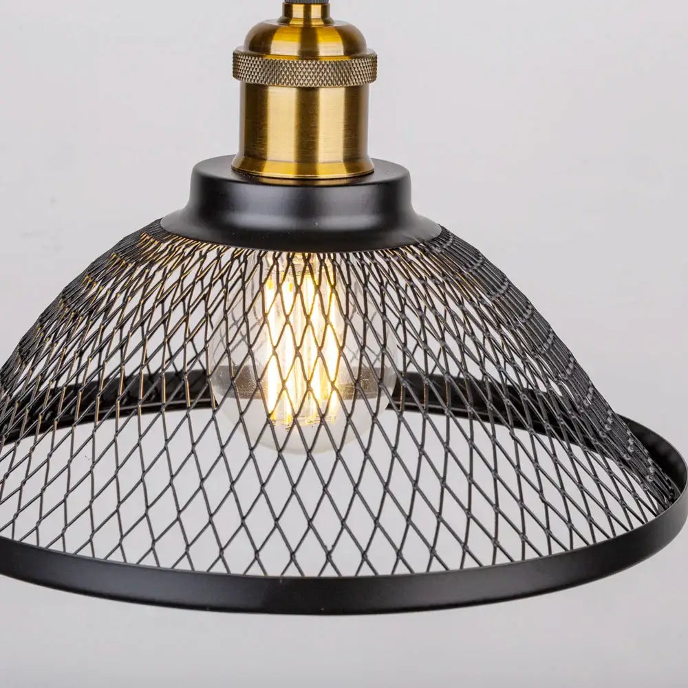 Industrial black and brass mesh pendant light fixture kitchen