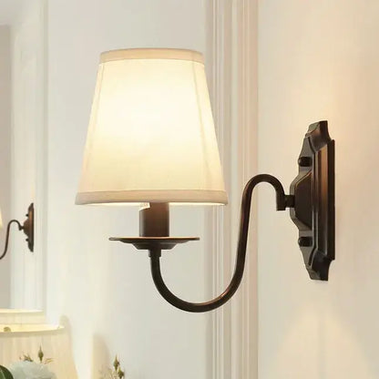 Antique bronze iron wall lamp with fabric shade for bedroom
