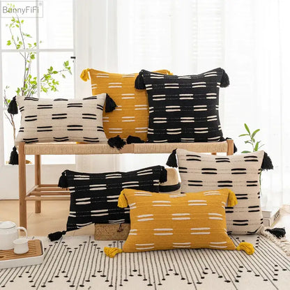 Woven black ivory mustard tassel cushion cover living room set of 6
