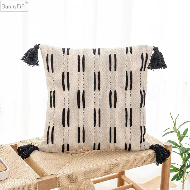 Woven black ivory mustard tassel cushion cover living room set of 6