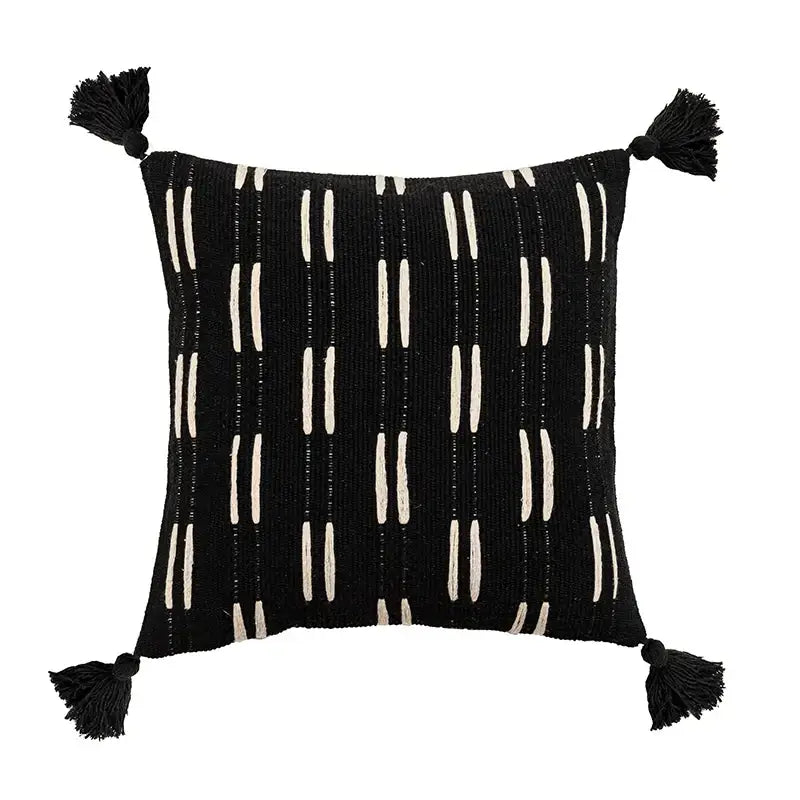 Woven black ivory mustard tassel cushion cover living room set of 6