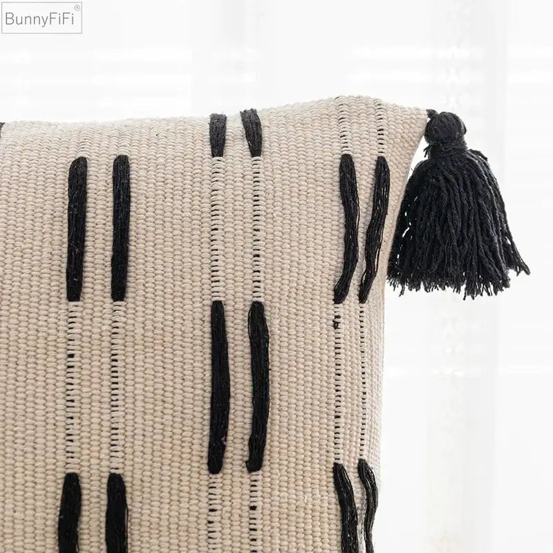 Woven black ivory mustard tassel cushion cover living room set of 6