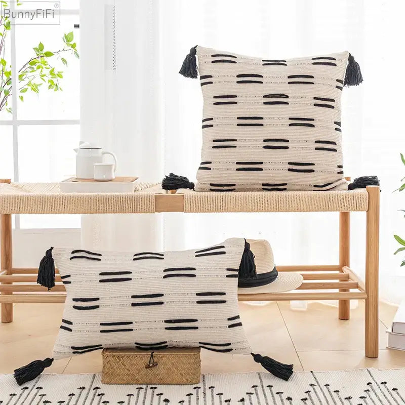Woven black ivory mustard tassel cushion cover living room set of 6