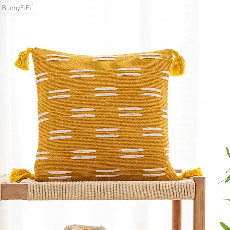 Woven black ivory mustard tassel cushion cover living room set of 6