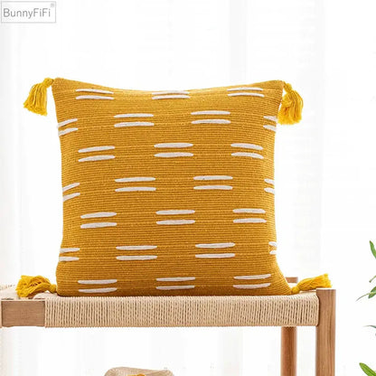 Woven black ivory mustard tassel cushion cover living room set of 6