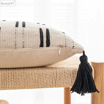 Woven black ivory mustard tassel cushion cover living room set of 6
