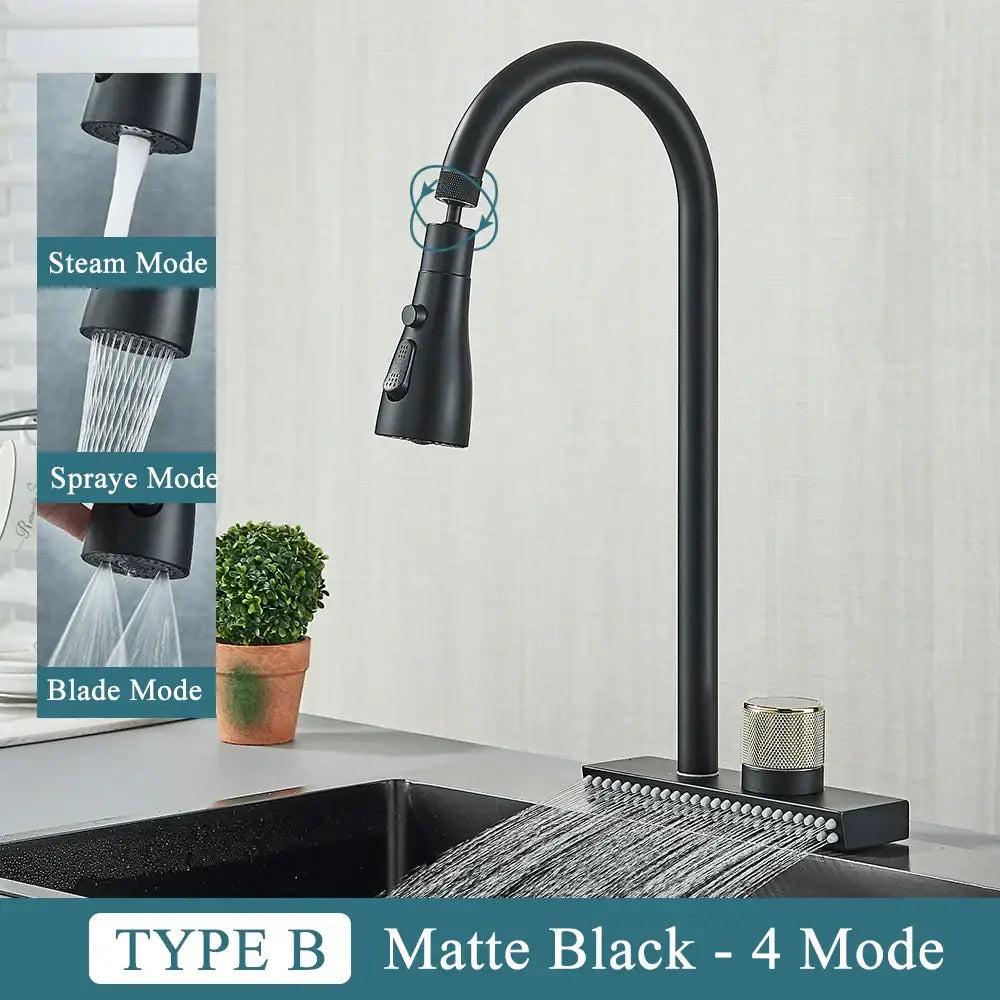 Matte black & gold kitchen faucet with pull down sprayer