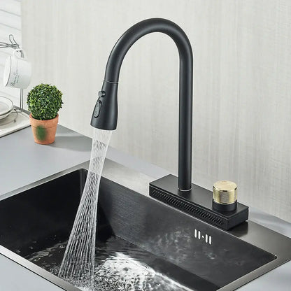 Matte black & gold kitchen faucet with pull down sprayer