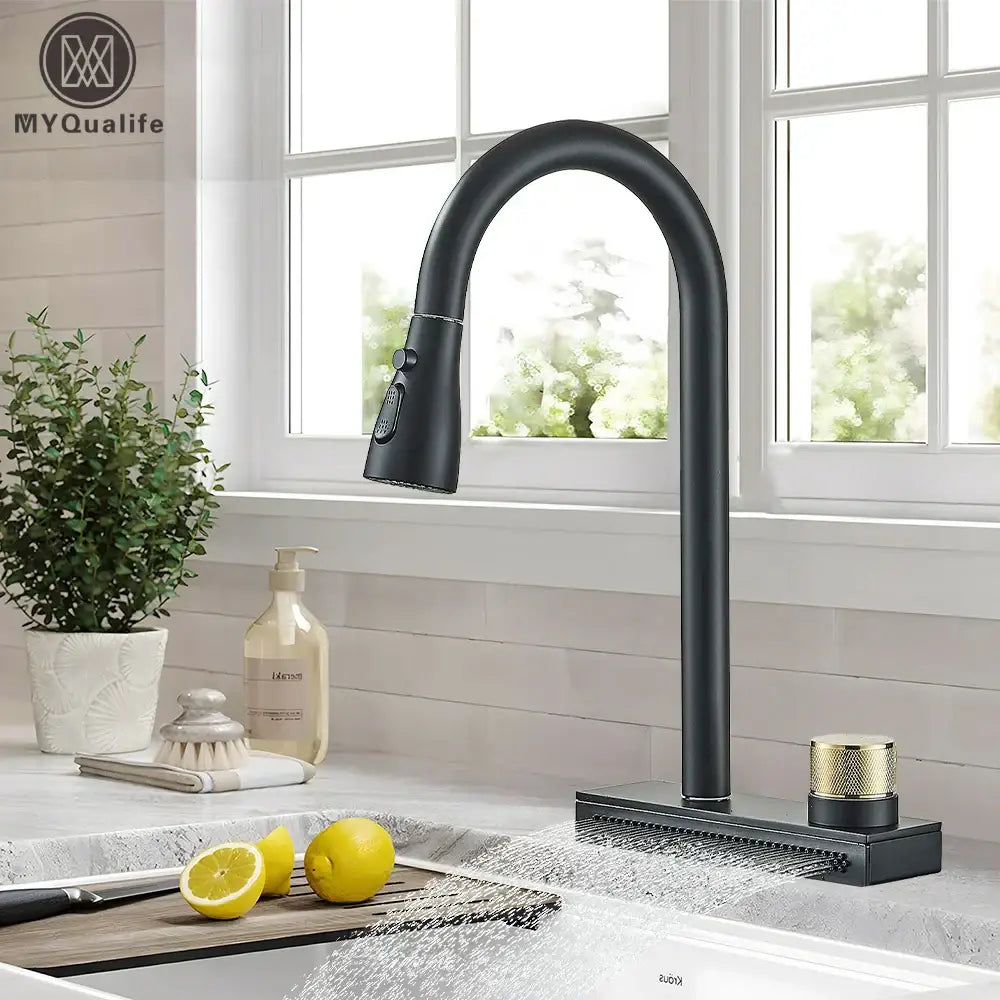 Matte black & gold kitchen faucet with pull down sprayer