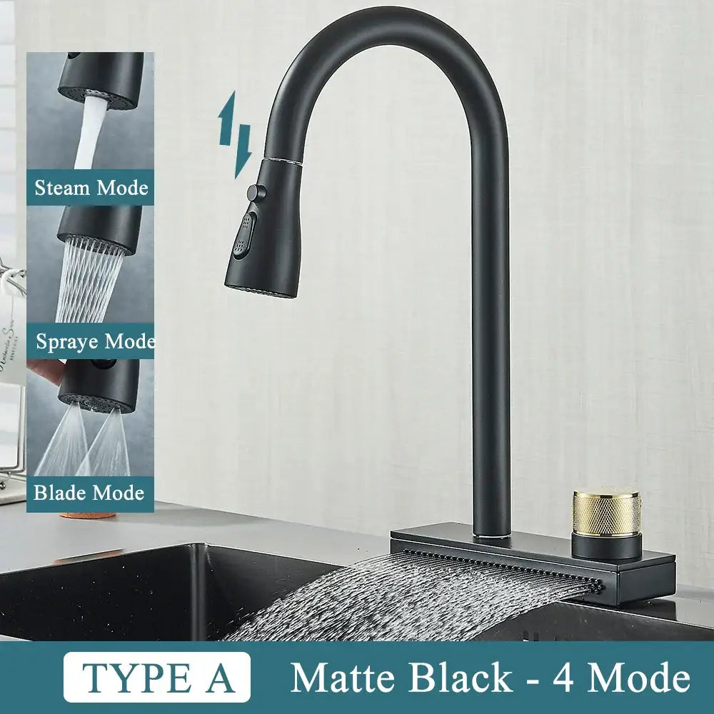 Matte black & gold kitchen faucet with pull down sprayer