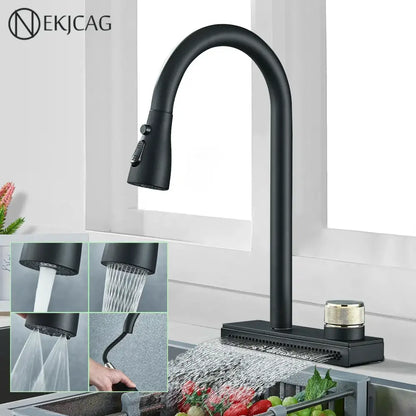 Matte black kitchen faucet with flexible pull out nozzle