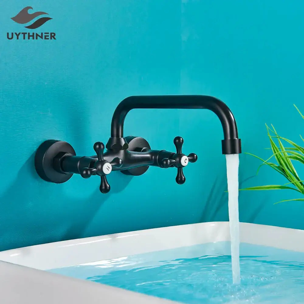 Matte black kitchen faucet mixer tap with cross handles