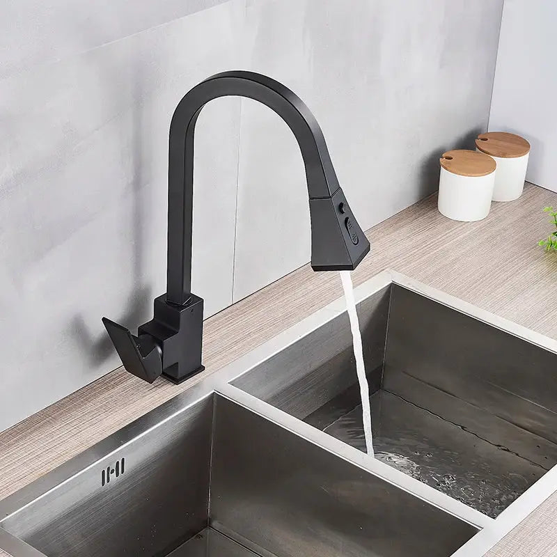 Modern black kitchen faucet with pull down spray head
