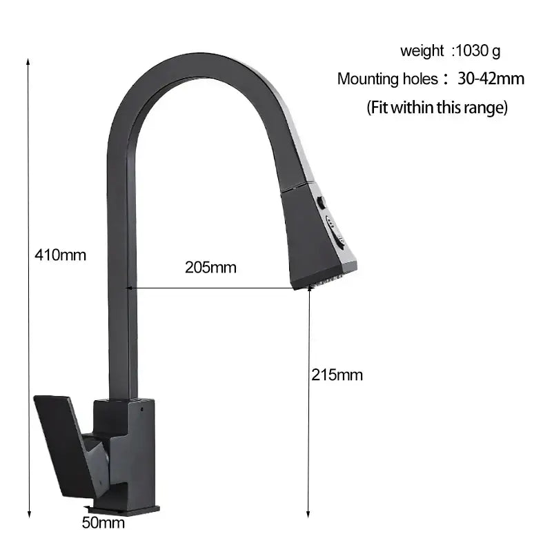 Modern black kitchen faucet with pull down spray head