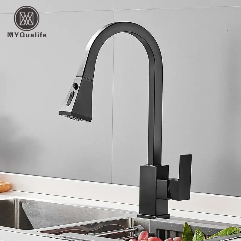 Modern black kitchen faucet with pull down spray head