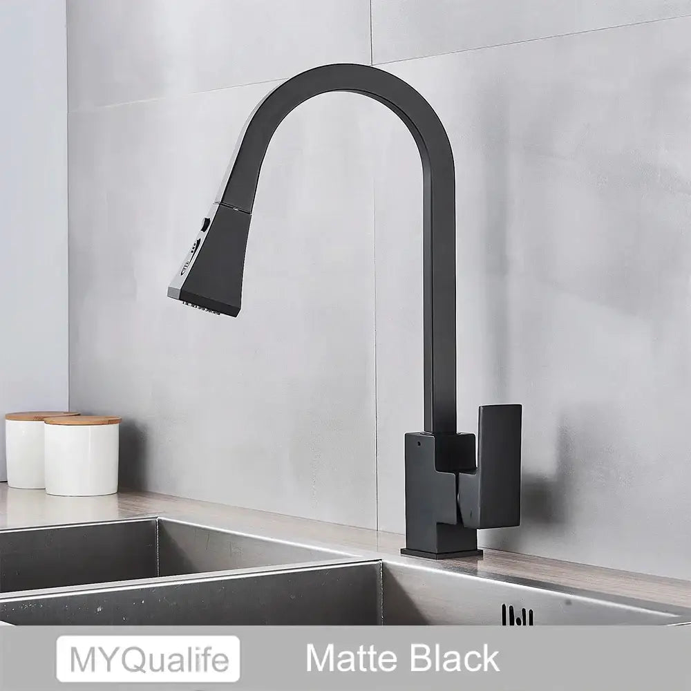 Modern black kitchen faucet with pull down spray head