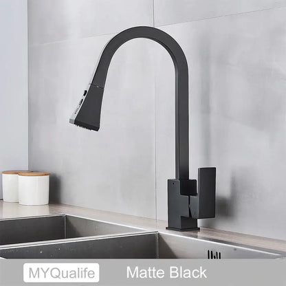Modern black kitchen faucet with pull down spray head