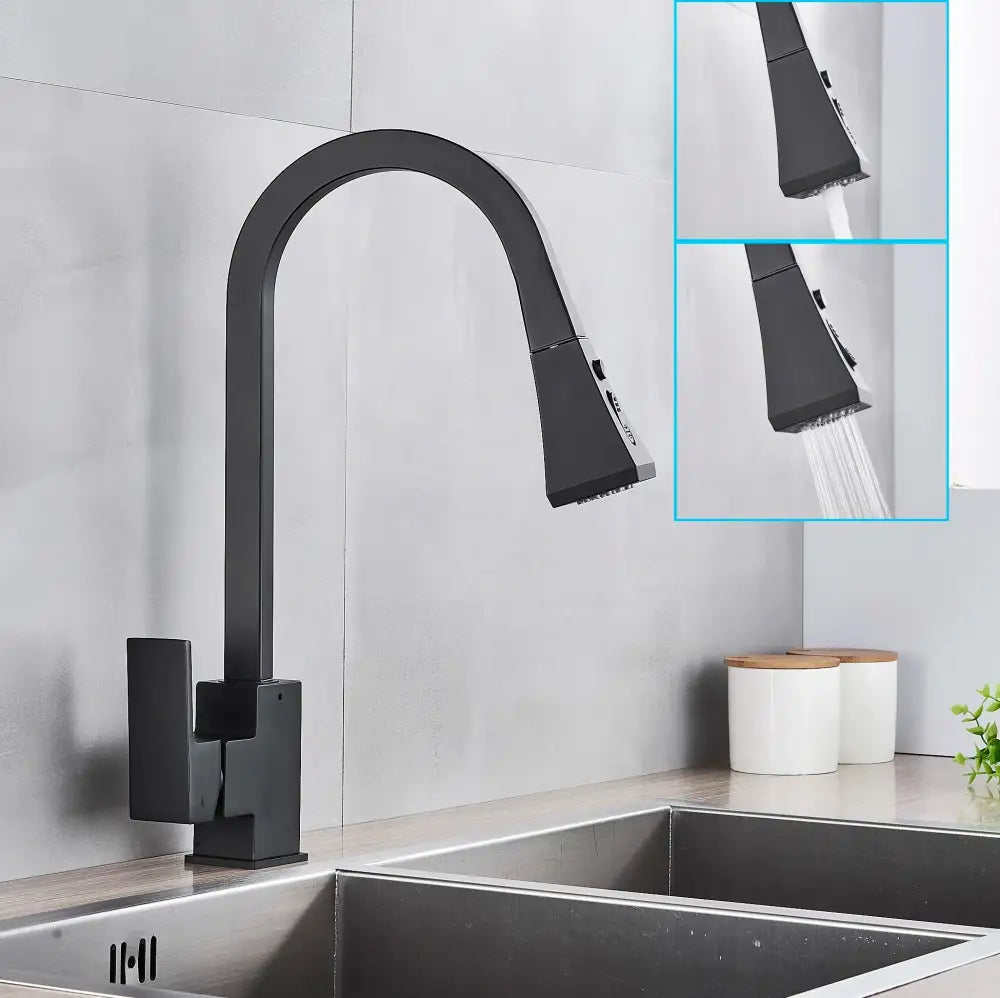 Modern black kitchen faucet with pull down spray head