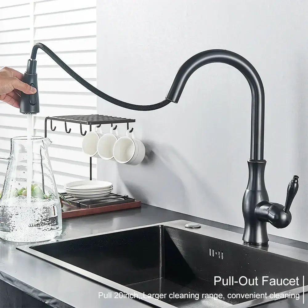 Matte black kitchen faucet with pull down spray head