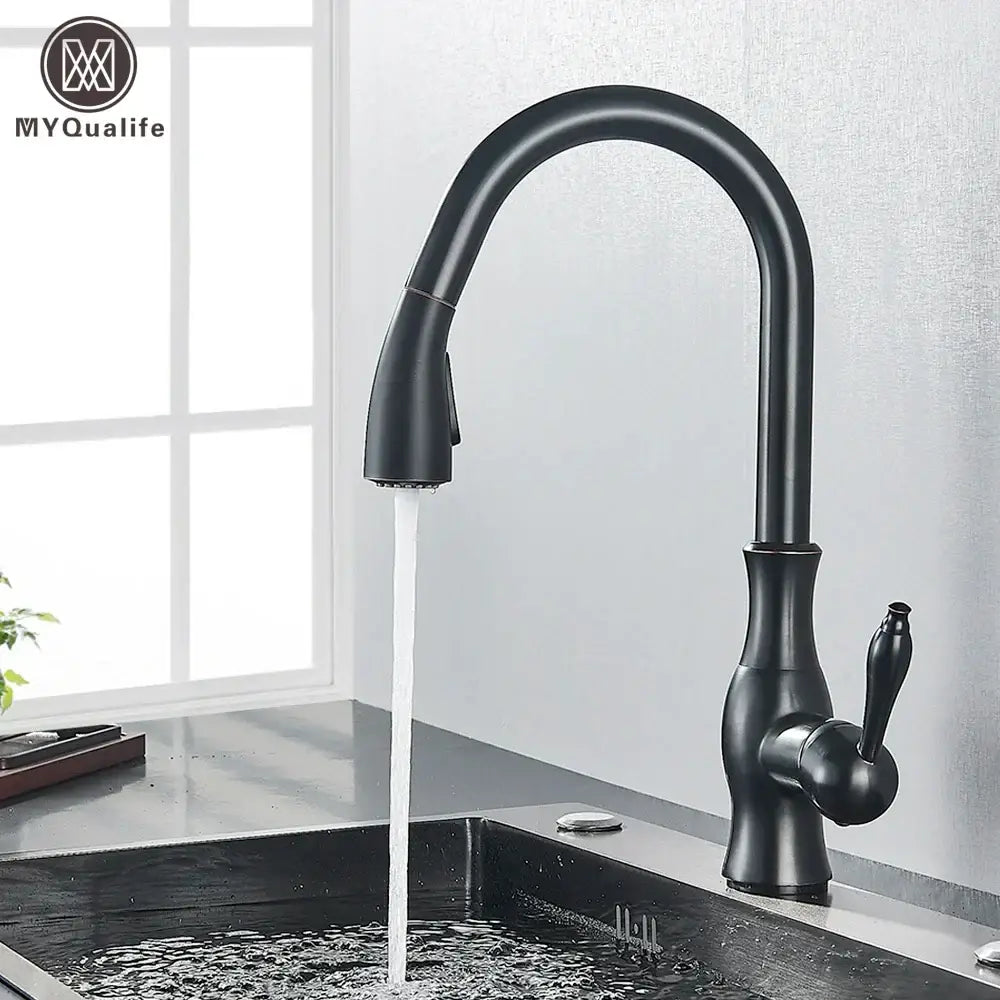 Matte black kitchen faucet with pull down spray head