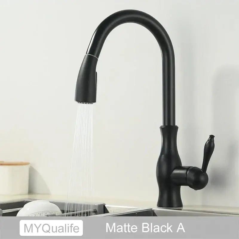 Matte black kitchen faucet with pull down spray head