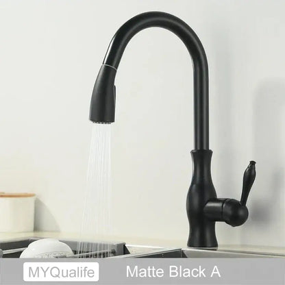 Matte black kitchen faucet with pull down spray head