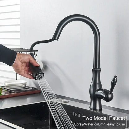 Matte black kitchen faucet with pull down spray head