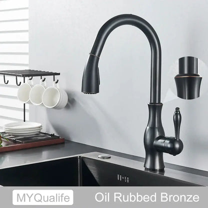Matte black kitchen faucet with pull down spray head