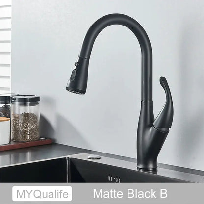 Matte black kitchen faucet with pull down spray head
