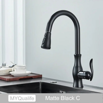 Matte black kitchen faucet with pull down spray head