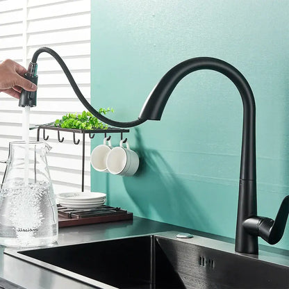 Matte black single handle kitchen faucet with curved spout